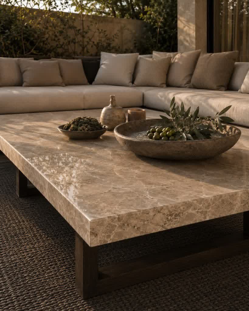Lounge sectional with marble table, moss and olive branch